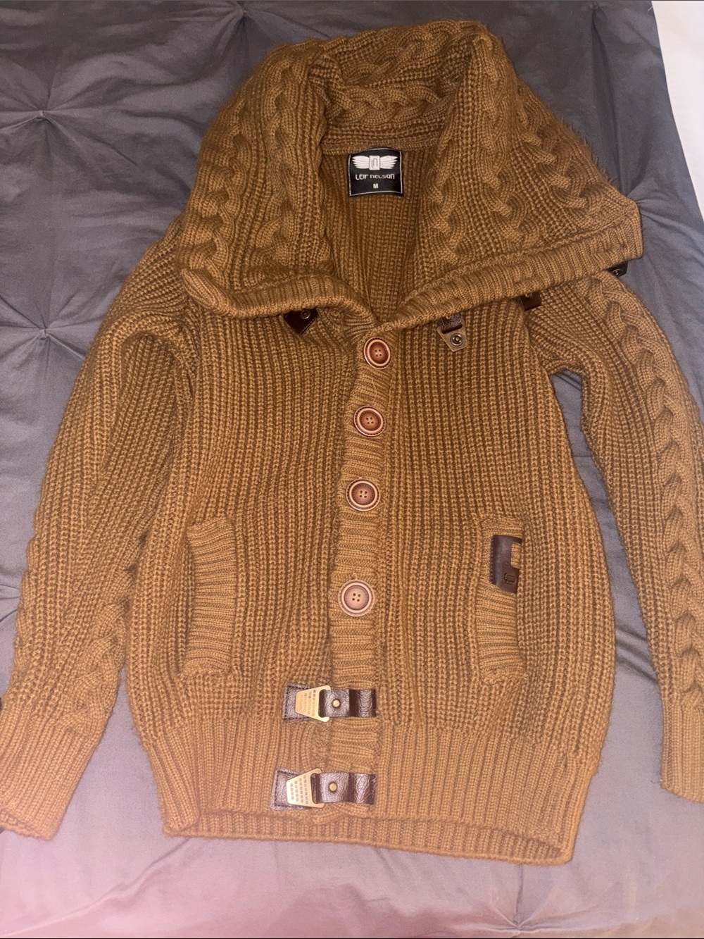 Leif Nelson brown Cable-Knit Shawl Collar Cardigan. Button front
